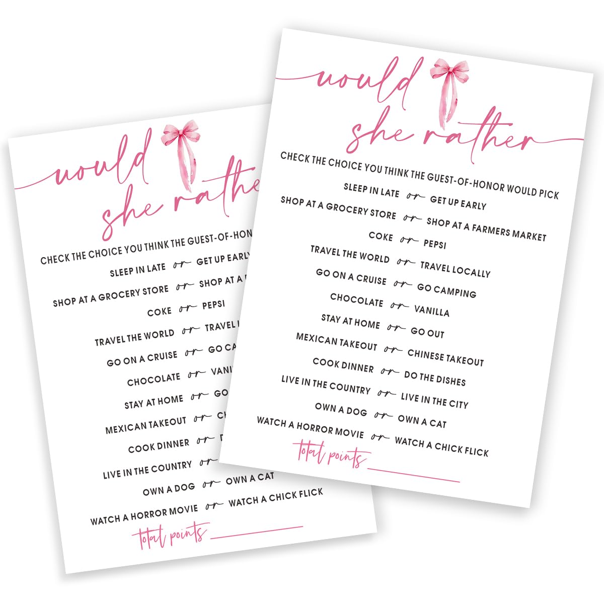 Wedding Shower Games Cards, Would She Rather Bridal Shower Game for 25 Guests, Engagement Party Wedding Games for Guests, Pink Ribbon Bow Wedding