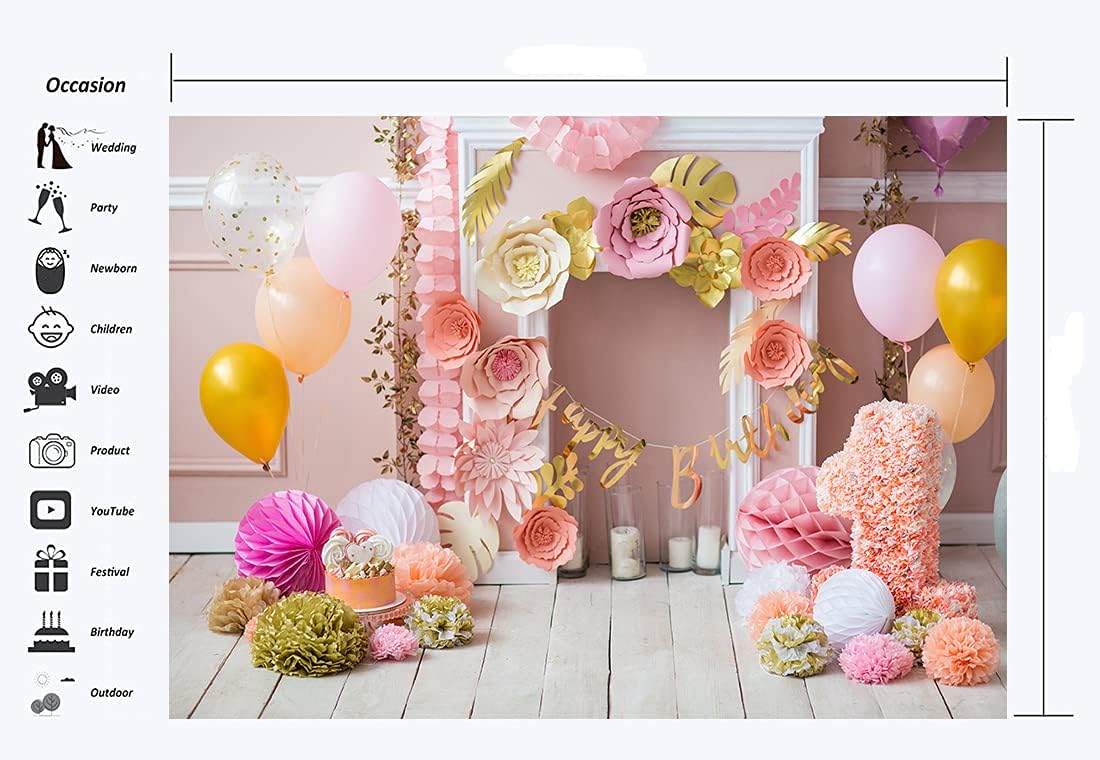 Haosphoto 7X5FT Girls Birthday Cake Smash Backdrop for Photography Girls 1st Birthday Backdrops Balloons Paper Flowers Background for Newborn Baby Shower Kids Birthday Party Photo Studio Props HS234 - Image 4