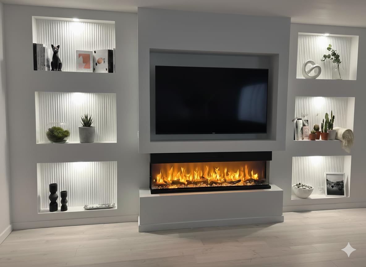 CHEMIN'ARTE Camino elettrico da incasso con effetto fiamme LED 3D 180 cm, 3 lati con 3 modalità di Installazione - Effetto Fiamma LED con 12 Colori