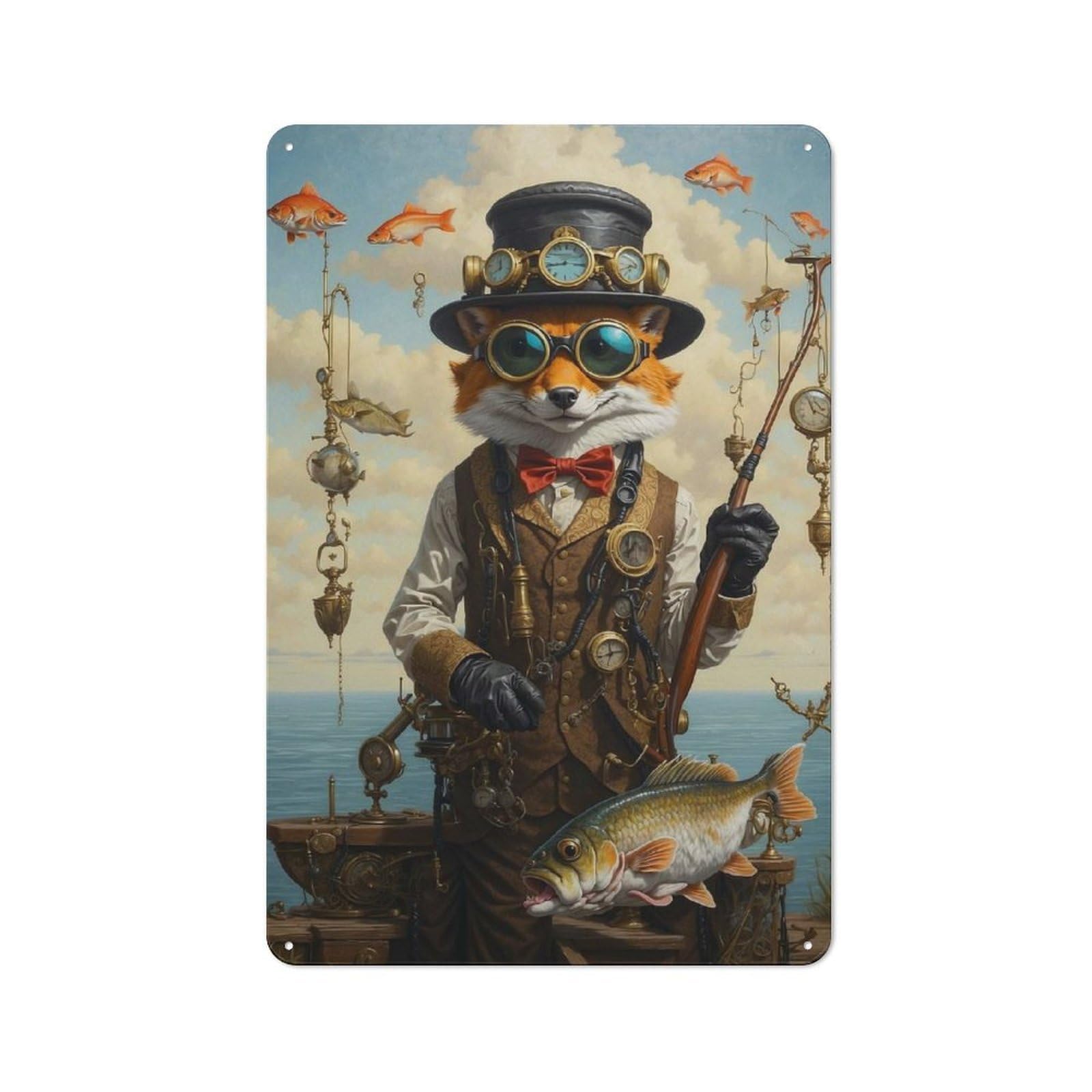 Junmoney Steampunk Fox Bass Fishing Retro Metal Plaque 30X20cm Featuring Bistro Wall Plaque For Bakery, Diner, Cafe Or Family Room