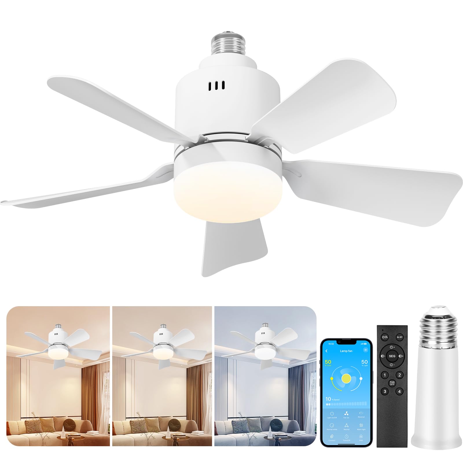 UCMDA Ventilador de Techo con Luz Silencioso, APP Control, Lampara Ventilador, Temperatura de Color 3000k-6500k, Interfaz E26/E27, para Dormitorio, Sala de Estar, Cocina, Garaje