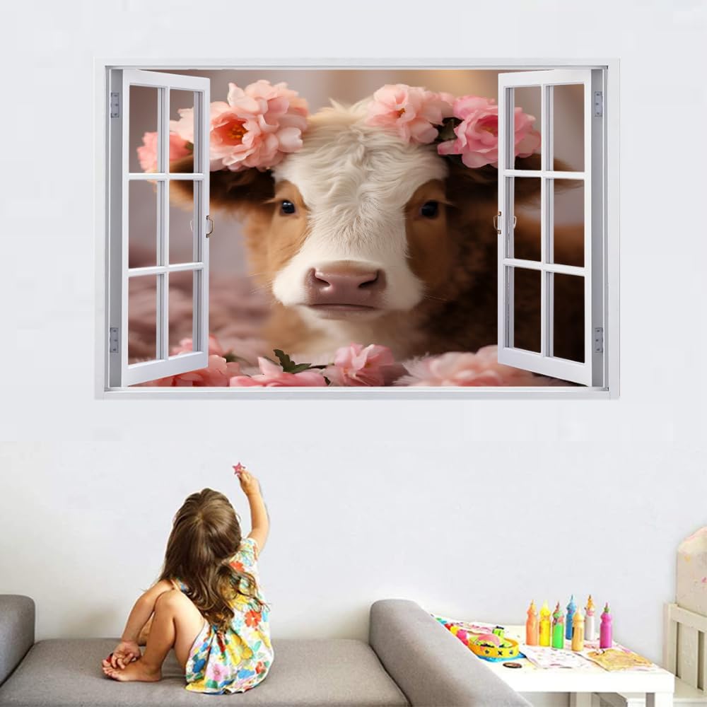 Sticker Mural 3D Amovible Bœuf Décoration Murale Plancher Plafond Brisé Décalque Art Décoration Plante À Fleurs Pour Salle De Bain Chambre Salon Salle De Jeux Murale 120x80cm