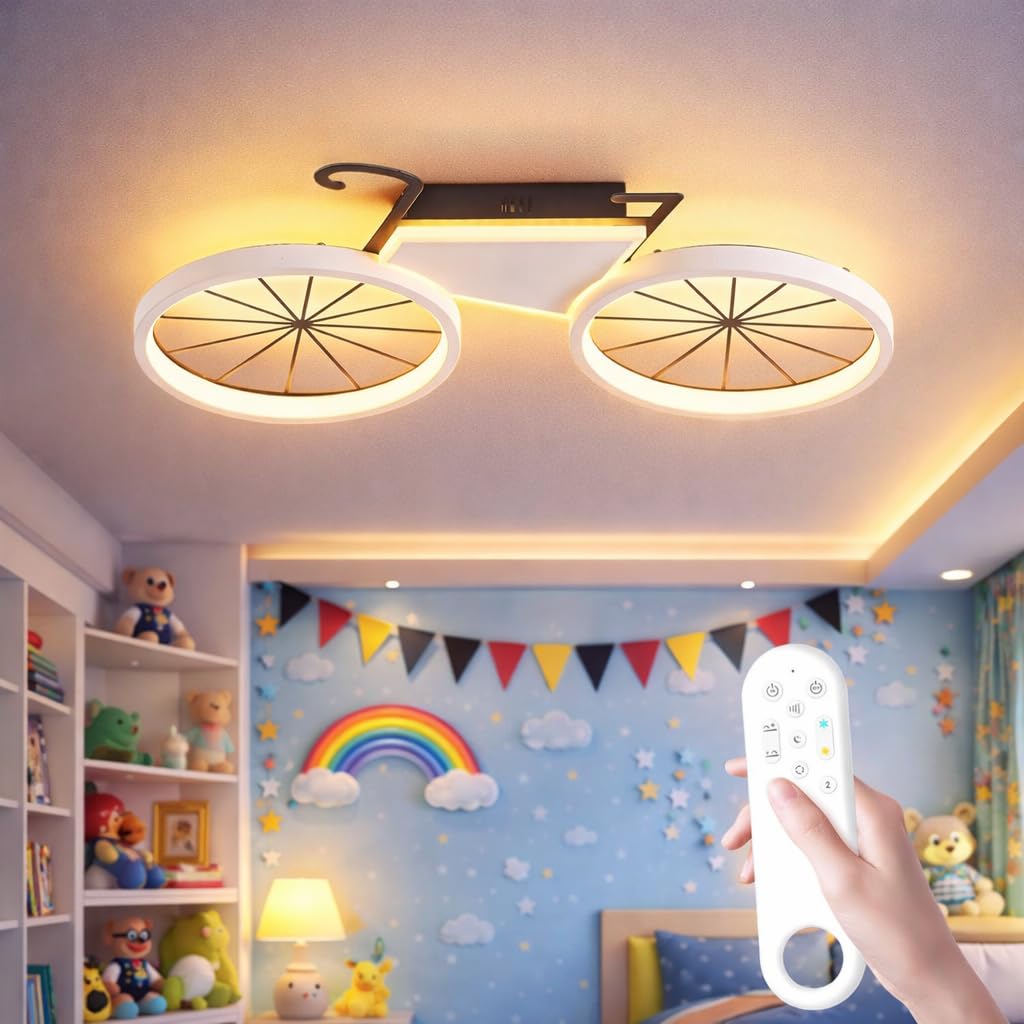 Ceiling light for children's rooms, 32W 3200LM, children's room ceiling lamp with remote control, creative Bicycle lamp, LED ceiling light, 3000K-6000K dimmable, timer & night light for baby's room