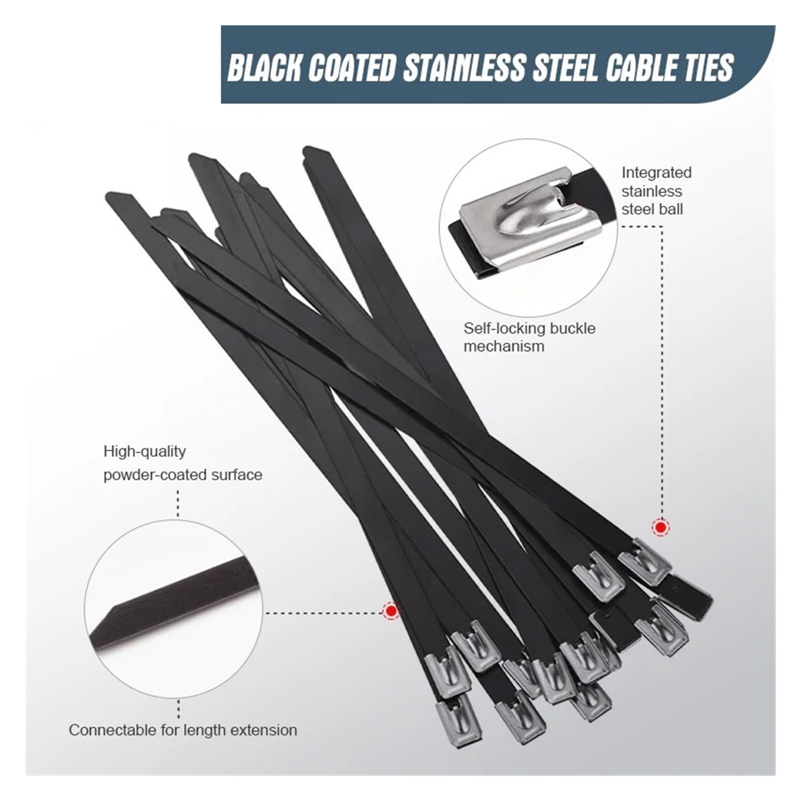 Fascette ferma-cavo metalliche in acciaio inossidabile nero da 4,6 mm, fascette ferma-cavi in ​​metallo per carichi pesanti da 100 pezzi per rilegatura del tubo di scarico(4.6x1400mm)