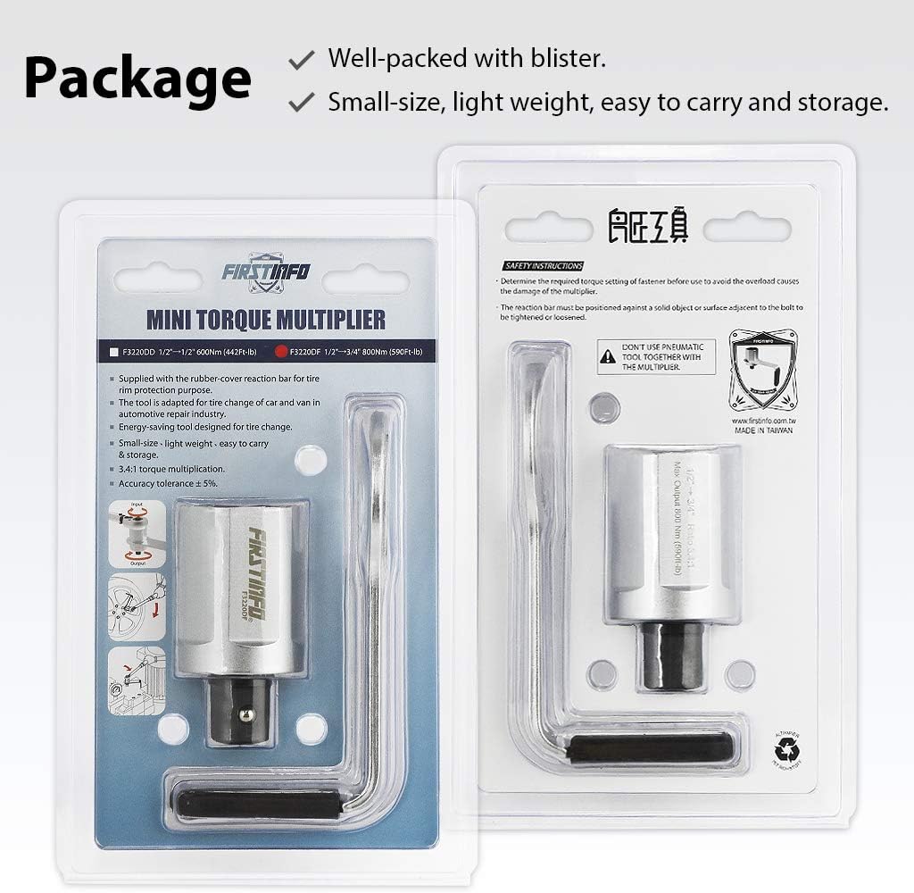 FIRSTINFO F3220DF - 800 N.m. (590 Ft-lbs) Manual Torque Multiplier 3.4:1 Wrench, 1/2 inch Drive (Female/Input) to 3/4 inch Drive (Male/Output) Adaptor, Max. 800 Nm Lug Nut/Labor Saving Tool
