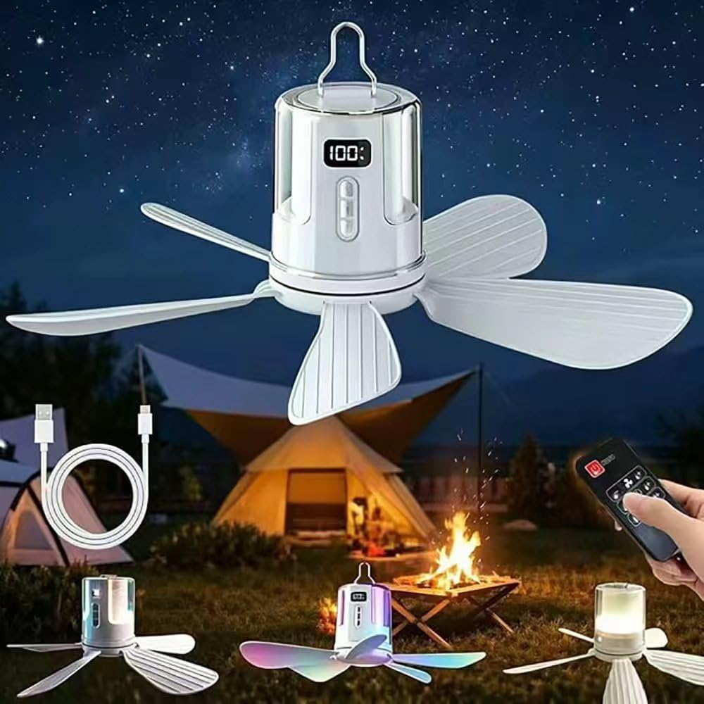 TUIBEIDAMAI Deckenventilator mit Beleuchtung Camping,Aufladbar Deckenventilator mit Licht und Fernbedienung,USB,Timer,Kleiner Deckenventilator mit Akku Camping für Outdoor Außenbereich,Pavillon