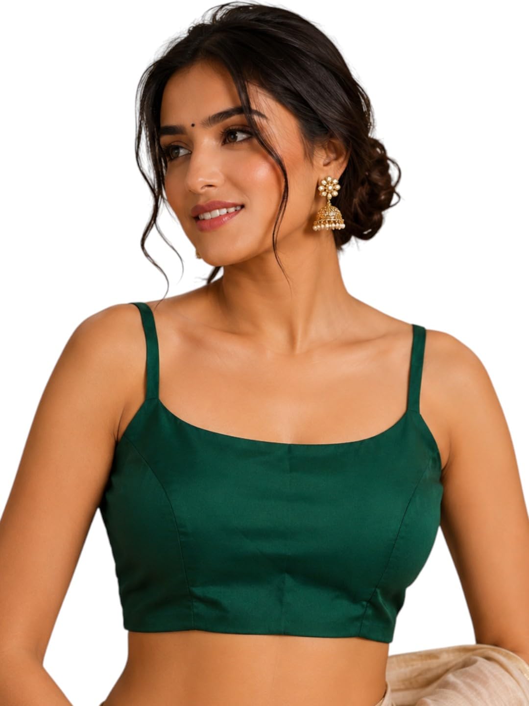 biyu Green Satin Saree Blouse with Spaghetti Straps-picture-0