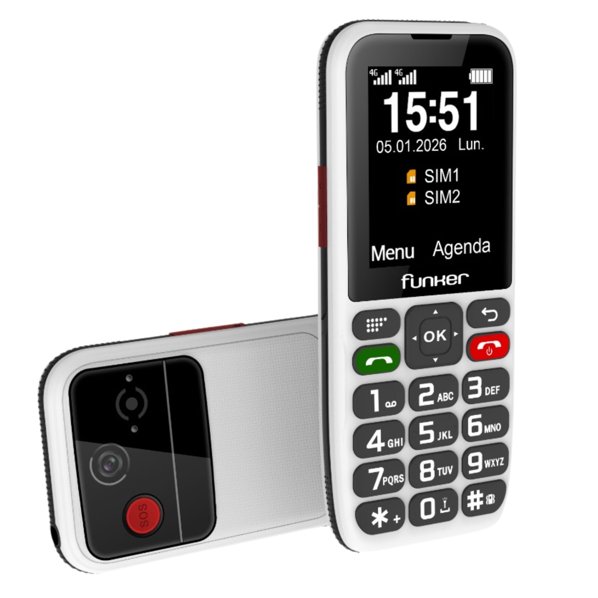 Funker C180 Telefon komórkowy 4G dla seniorów i domu, duże klawisze, ekran 2,4 cala, stacja ładująca, bateria 1800 mAh, łatwe klawisze, wysoki dźwięk głosu HD, biały