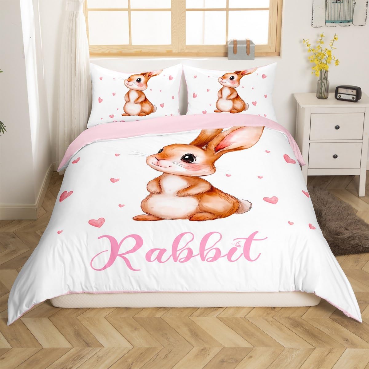 Loussiesd Children'S Rabbit Duvet Cover Super Large Pink And White Girl ...