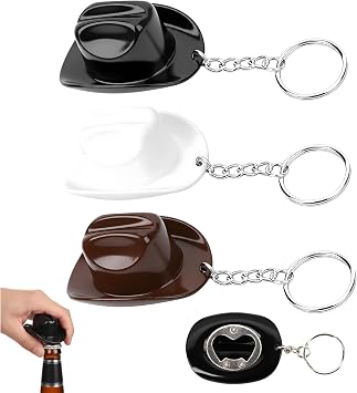 3 PCS Cowboy Hat Bottle Opener Keychain, Essential Tool for Western-Themed Parties and Barbecues, Portable Dual Function Design Black, White, Brown