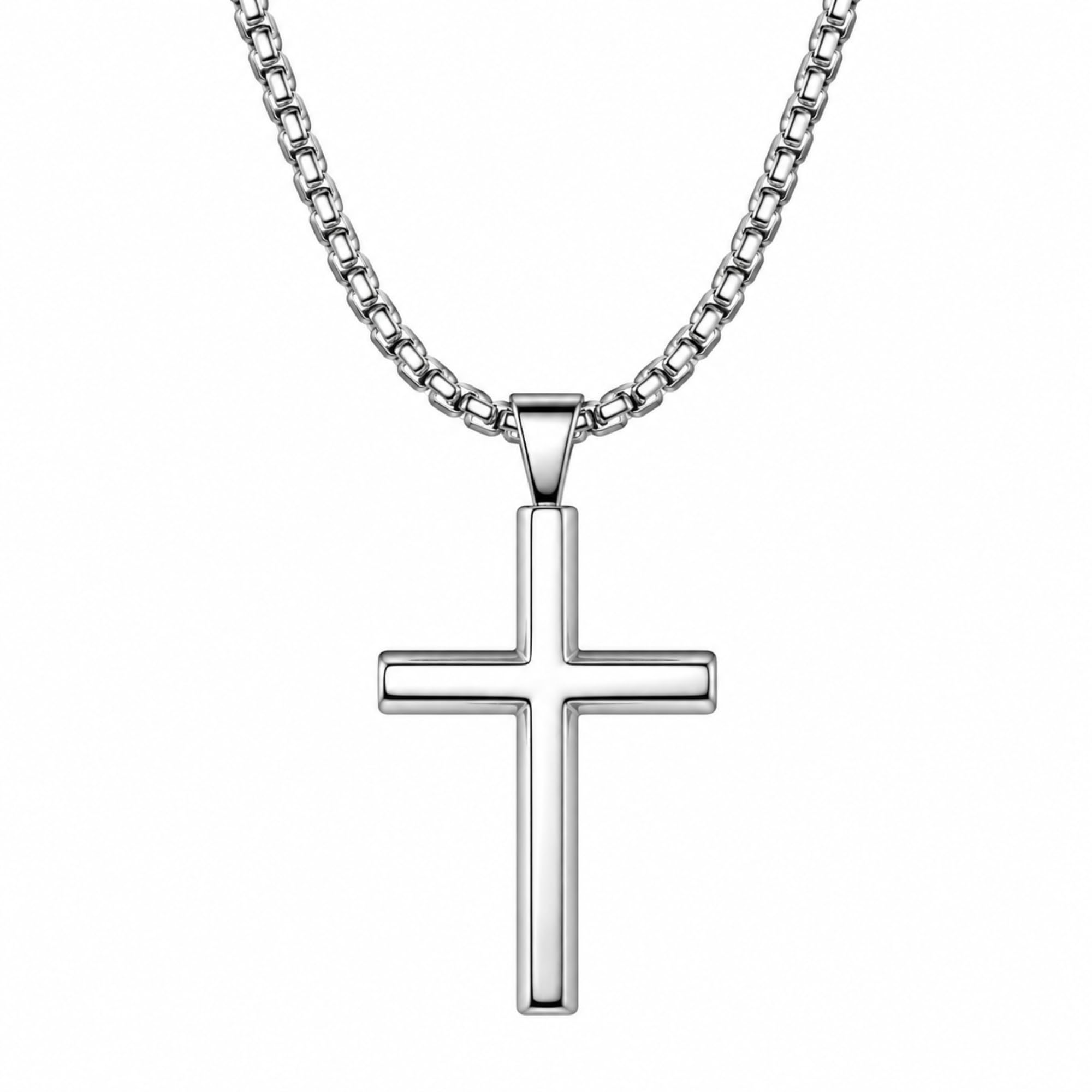 Cross Pendant Necklace for Men | Stainless Steel Silver Cross Chain Pendant with Box Chain | Waterproof Hypoallergenic Christian Necklace for Men & Boys