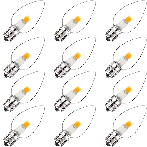 Jslinter Paquete de 12 bombillas LED C7 nocturnas, base de candelabro E12, equivalente a 0.6 W, incandescente de 7 W, blanco cálido transparente de