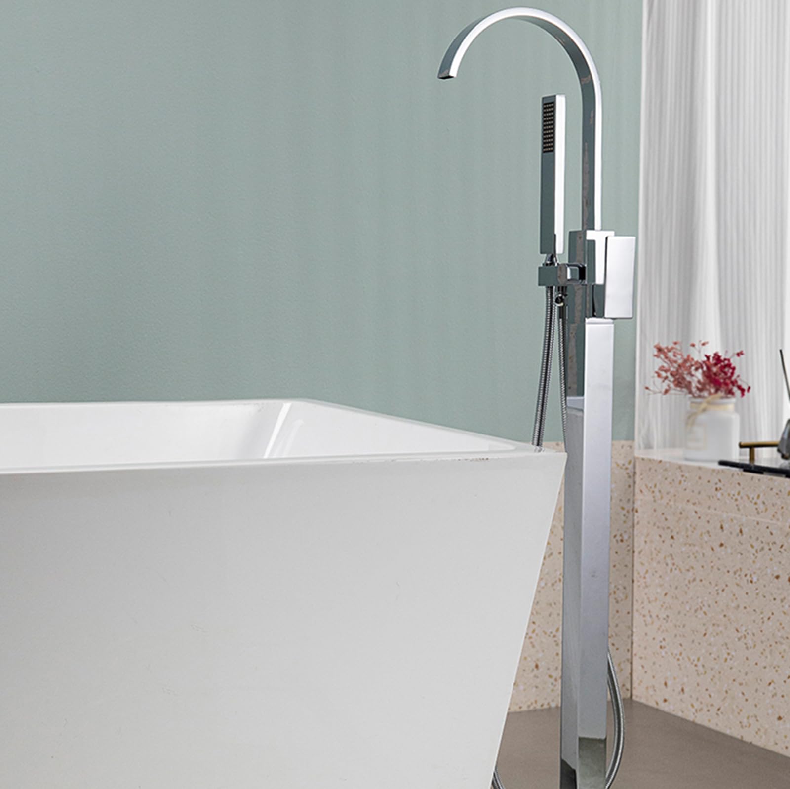 WOTZOV Floor Freestanding Bath Tap Faucet 360° Rotation Brass Freestanding Bathtub Tap Free Standing Bath Mixer Taps With Shower, Chrome