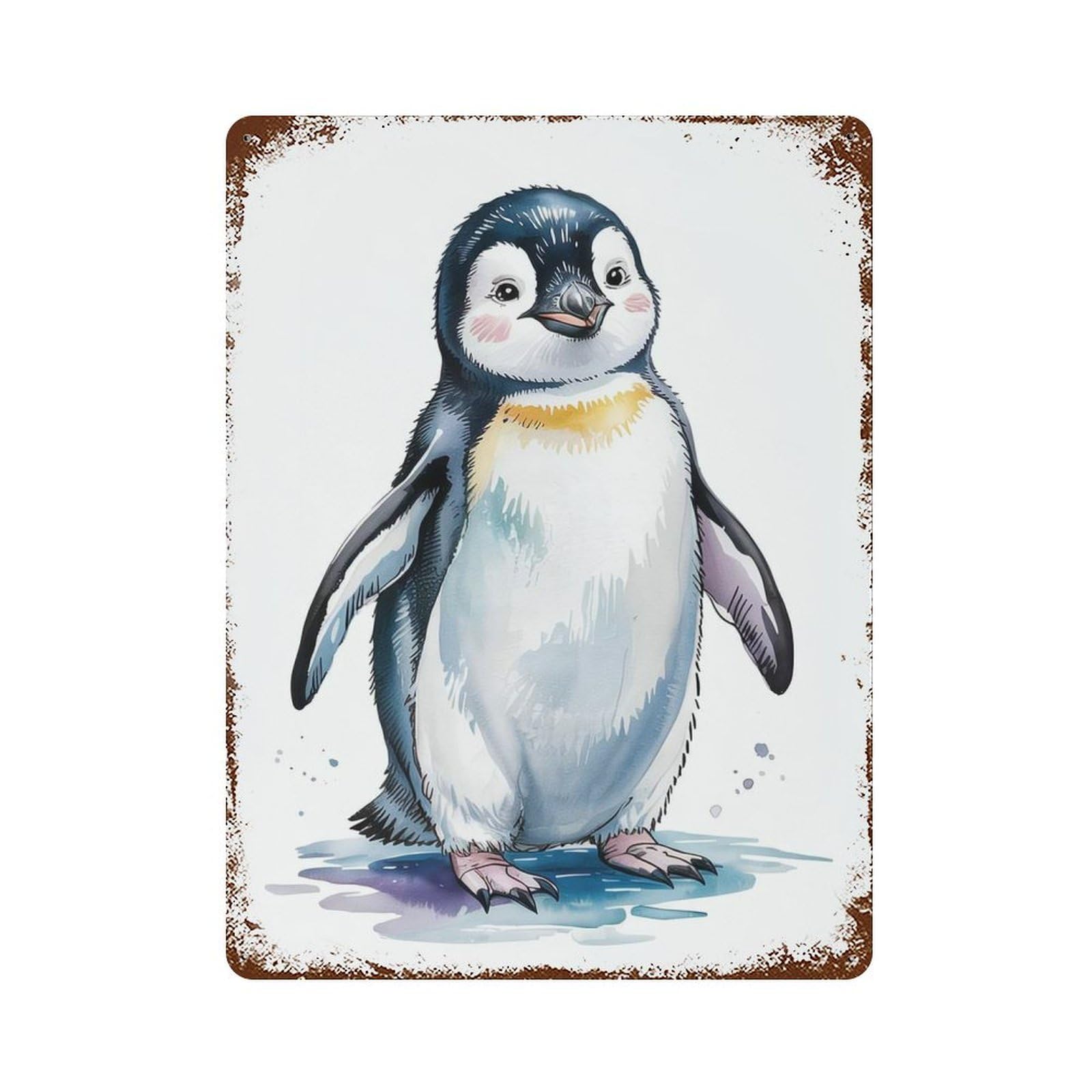 Distressed Metal Wall Sign with Cute Penguin Watercolor Illustration Design 15.7"x11.8", for Shed, Workshop And Garage Wall Decor, Decorative Metal Wall Art
