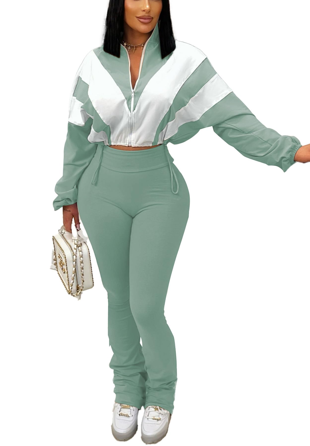 longlugoo Women's Color Block 2 Piece 80s 90s Outfits Sweatshirt Zip Up Jacket and Bodycon Pants Tracksuit Sets