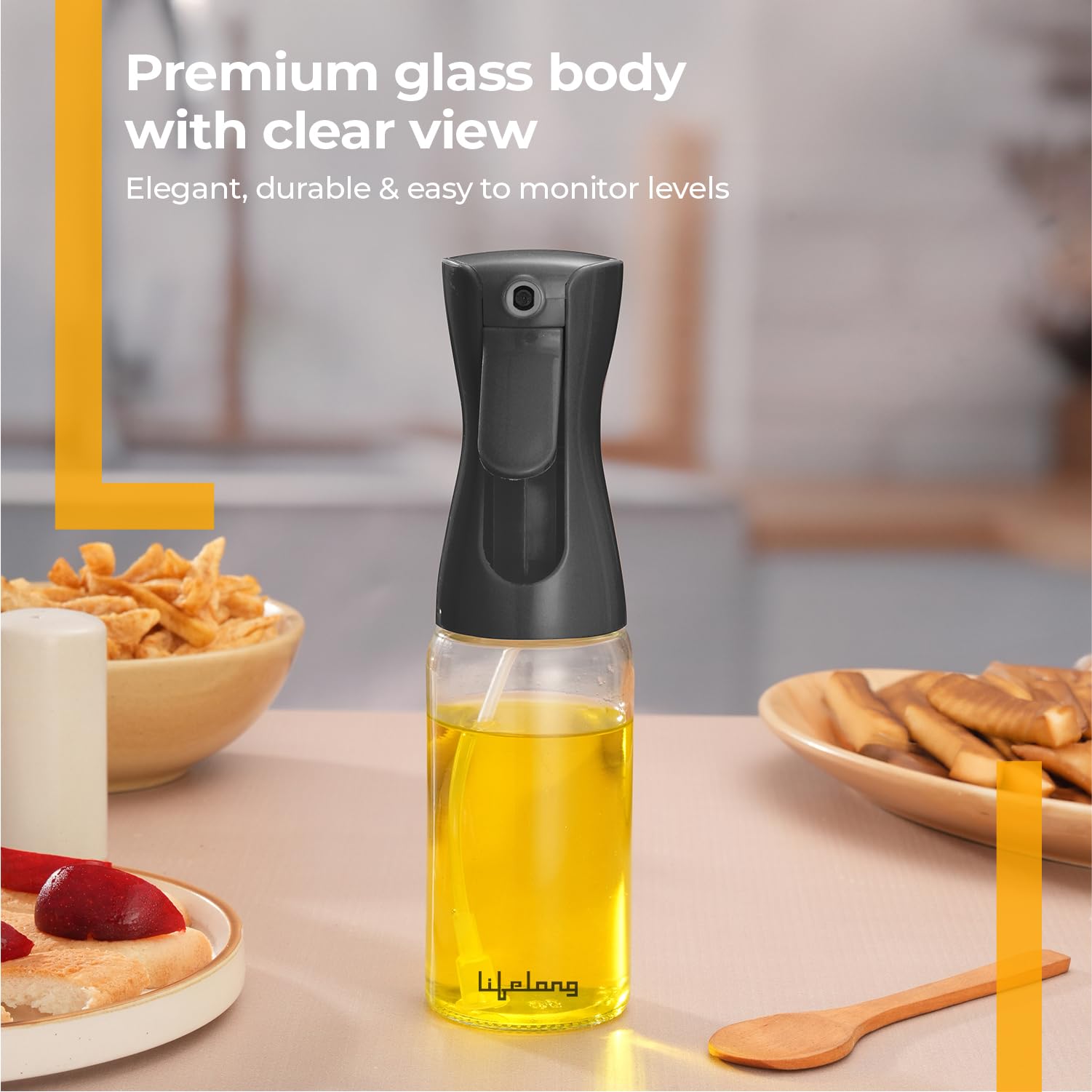 Lifelong 220ml olive oil spray bottle for cooking – refillable, fine mist sprayer for air frying, grilling, baking, and healthy oil control.