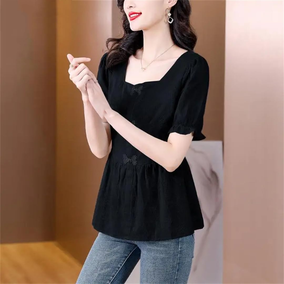 Camicia da donna a maniche corte estiva da ufficio con fiocco e bottoni, scollo quadrato, in cotone