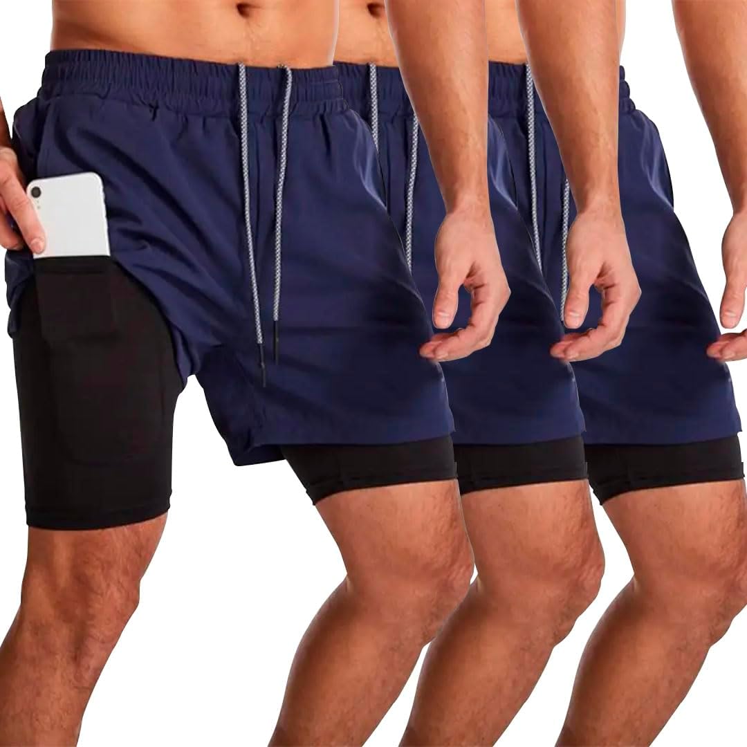 Kit 3 Short Masculino Academia 2 em 1 Bermuda Dry Fit Corrida Treino com Bolso Celular INSIDE SPORTS
