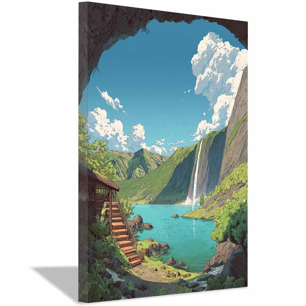 XENIOU Nature Wall Art Lake Waterfall Landscapes pictures, print canvas poster decor for living room, bathroom canvas art, for Bedroom Home Decoration.(Multicolor)-70x100cm Framed