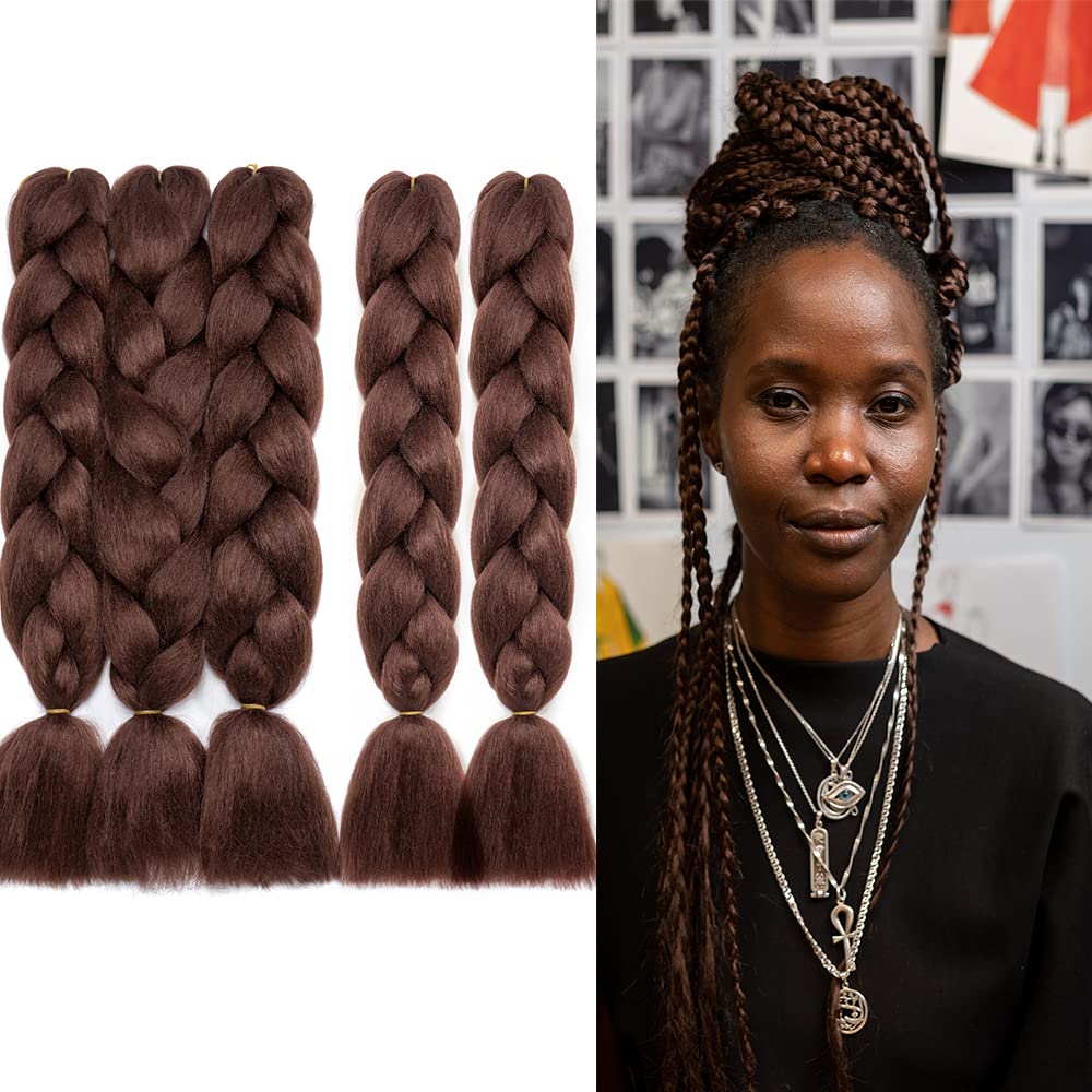 60cm Pelo para Trenzas Africanas 5PCS Extensiones de Cabello Natural Trenzado para Mujer Ombre Jumbo Braids Hair Extensions Pelo Sintetico para Trenzas (Castaño oscuro)