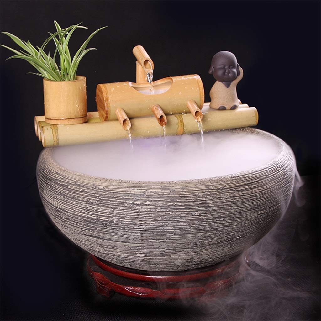 Bamboo Garden Zen Fontaine d'eau avec Pompe, intérieur/extérieur Ornements, 7,8 Pouces Base Ronde Plat, Lisse Split-résistant Bambou, Container Inclus