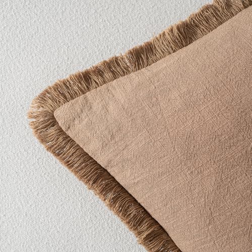 Image of MIULEE Decorative Throw Pillow Covers Neutral Linen Fringe Throw Pillows Set of 2 Brown Boho Farmhouse Cushion Covers with Tassels for Couch Sofa Bed Living Room Fall Home Decor 16x16 Inch