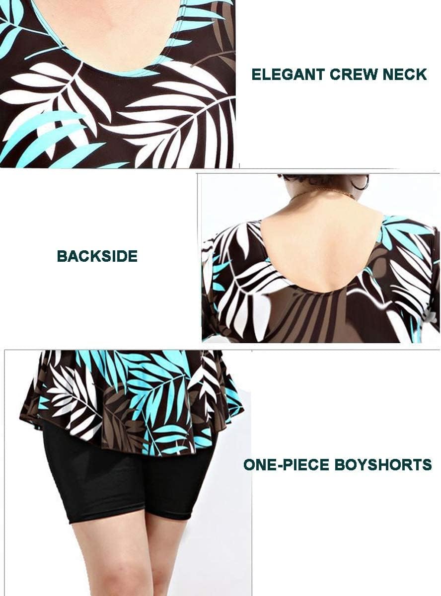 Women's One Piece Swim Dress Modest Swimsuit Floral Leaf Print Short Sleeve Swimwear