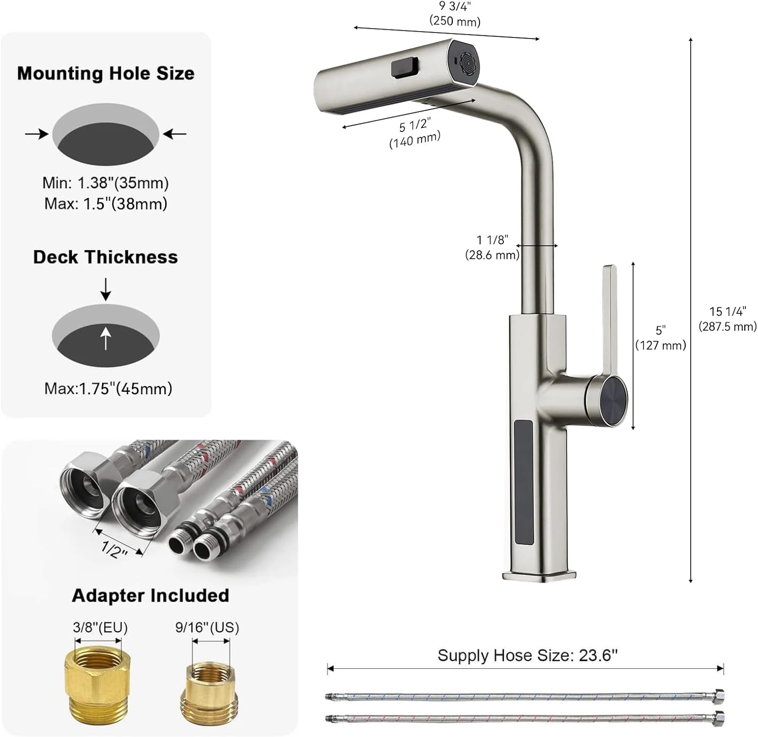 Lefton Pull-Out Waterfall Kitchen Faucet with Temperature Display, Two Water Outlet Modes, Single Hole, Brushed Nickel, KF2209-0