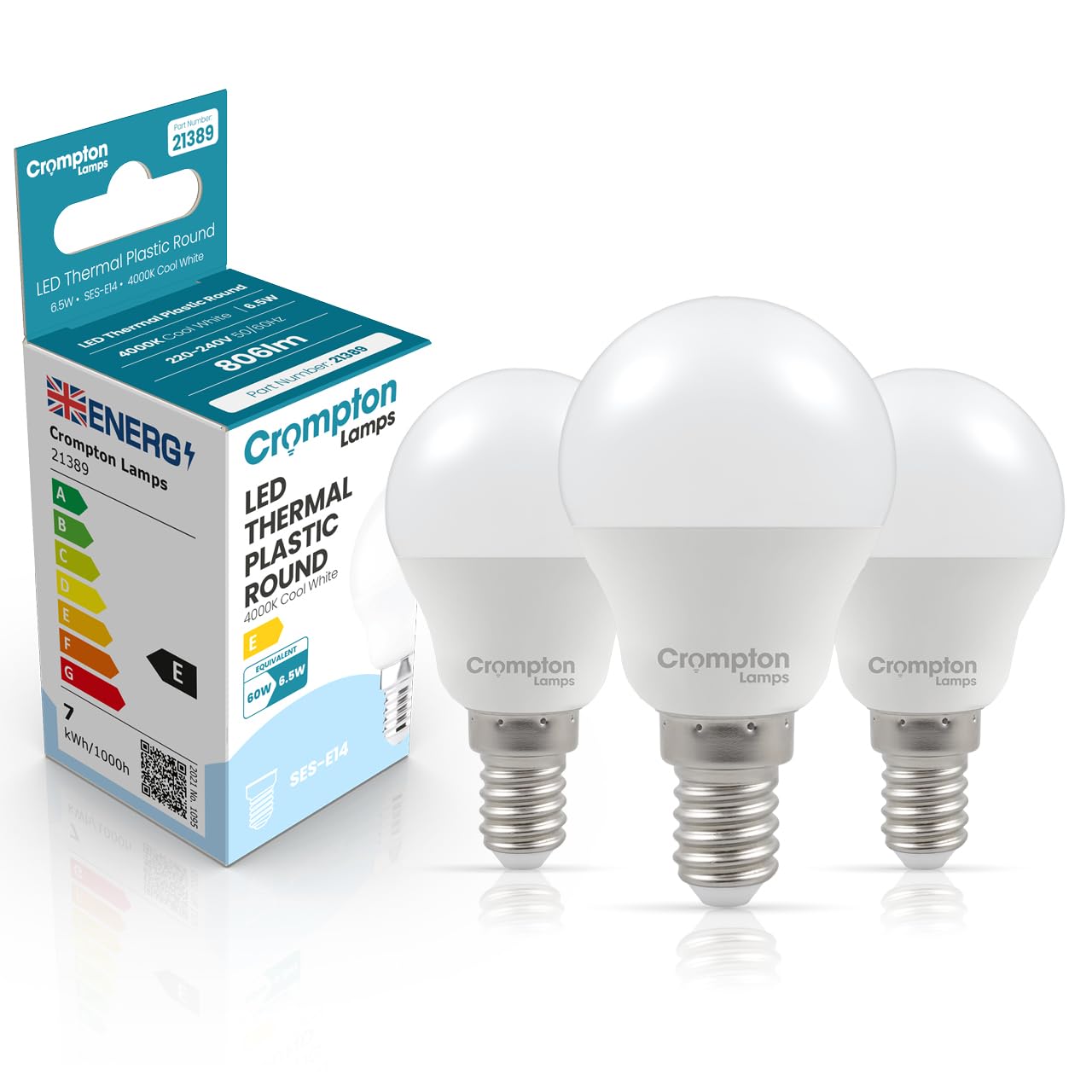 Crompton Lamps Golfball LED E14 Bulb | 6.5W = 60W Equivalent | Cool White 4000K | Energy Efficient | Small Screw Lightbulb | Long Life 15,000-Hrs | Bulbs for Lamps | 3-Pack — image 1
