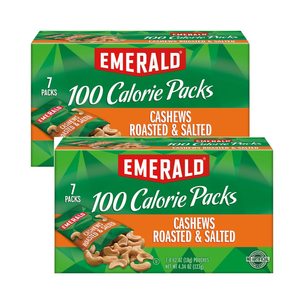 Emerald Nuts, Cashews Roasted & Salted, 100 Calorie Packs, 7 Ct, 4.34 Oz (Pack of 2)