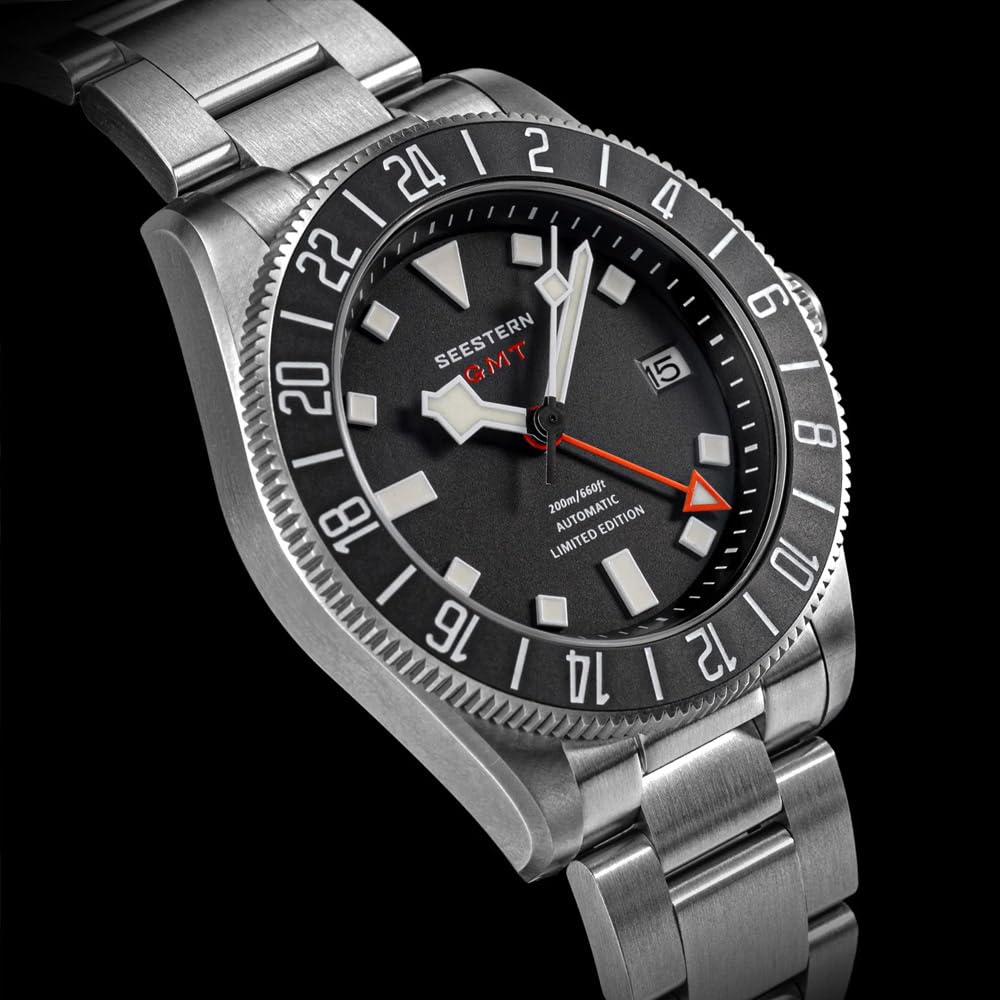 Seestern S462 Automatik Titan GMT Schwarz Datum Saphir 24h Herrenuhr, blau, Armband