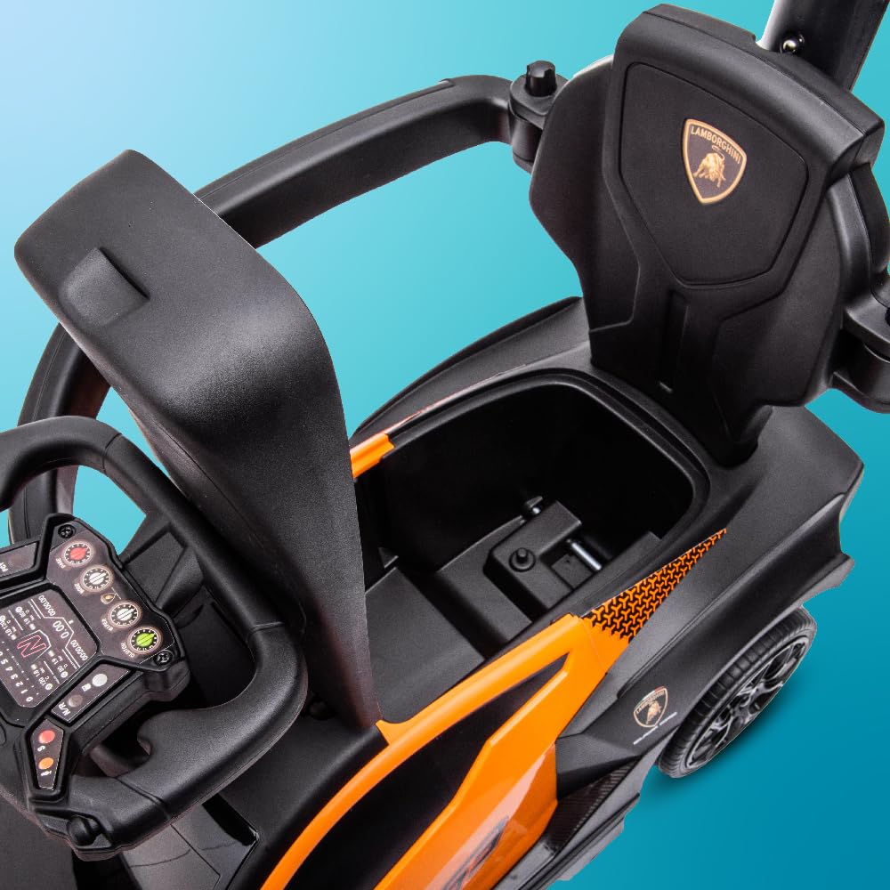 sun baby Jeździk pchacz dla dzieci Lamborghini Essenza SCV12, efekty dźwiękowe, schowek, pchacz sterujący kierownicą, wysuwane podparcie na stopy (Pomarańczowy)