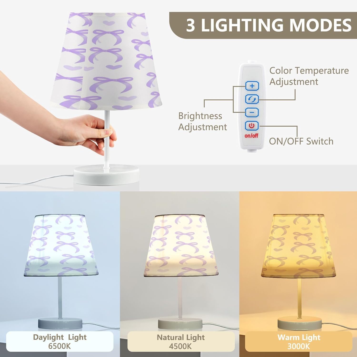 Table Lamp for Bedroom,Purple Bow Love Bedside Lamps for Night Stands,3 Color Temperatures Bedside Lamps with USB for Bedroom, Living Room, Office