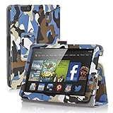 TNP New Fire 7 Case (Camouflage Blue & Black) - Slim Fit Synthetic Leather Folding Folio Case Cover Stand for Amazon New Fire 7 Inch (5th Generation) 2015 Release Tablet with Stylus Holder