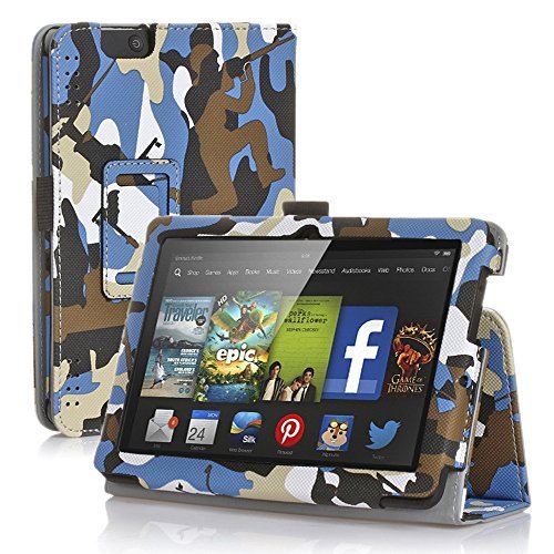 TNP New Fire 7 Case (Camouflage Blue & Black) - Slim Fit Synthetic Leather Folding Folio Case Cover Stand for Amazon New Fire 7 Inch (5th Generation) 2015 Release Tablet with Stylus Holder