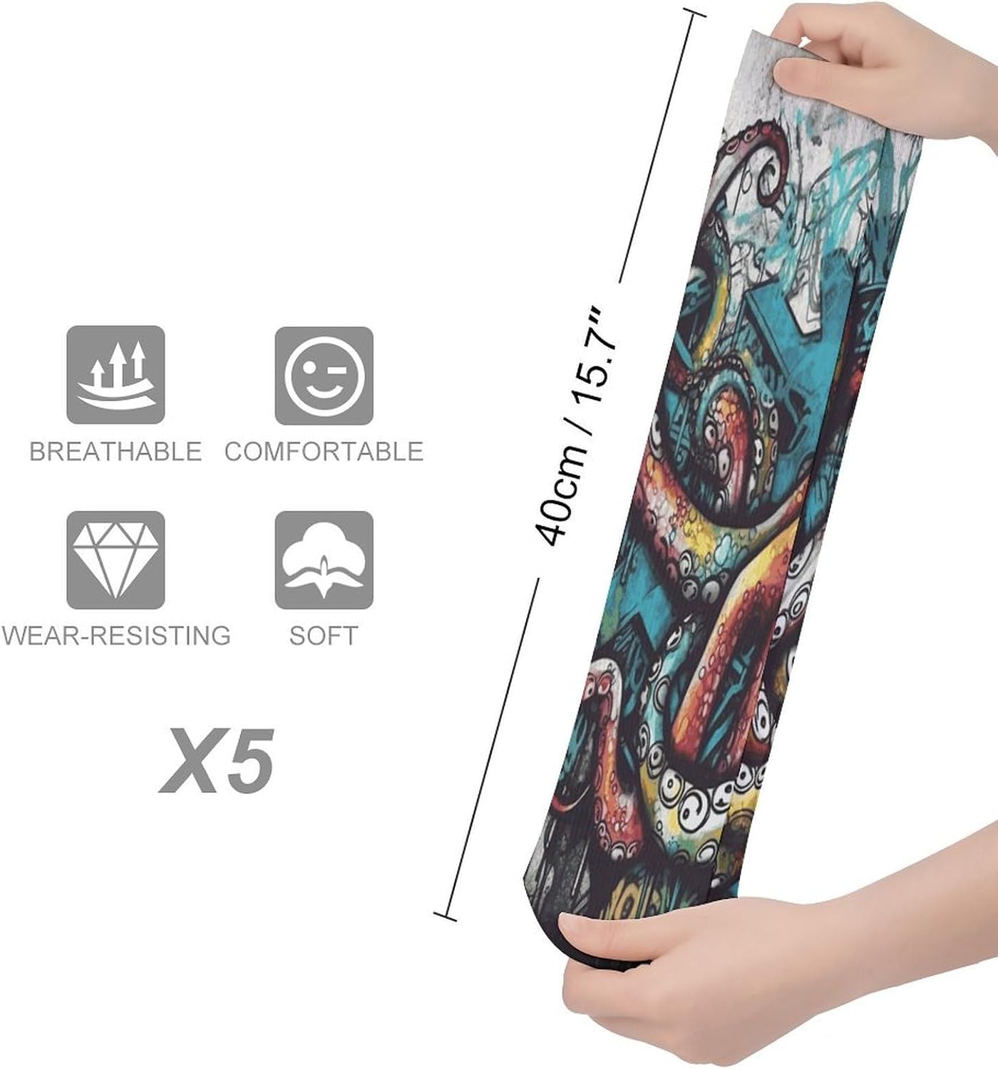Color Graffiti Octopus Crew Socks Cozy Casual Calf Socks Lightweight Long Work Sock Breathable Athletic Sock for Hiking Sports Running 5 Pairs