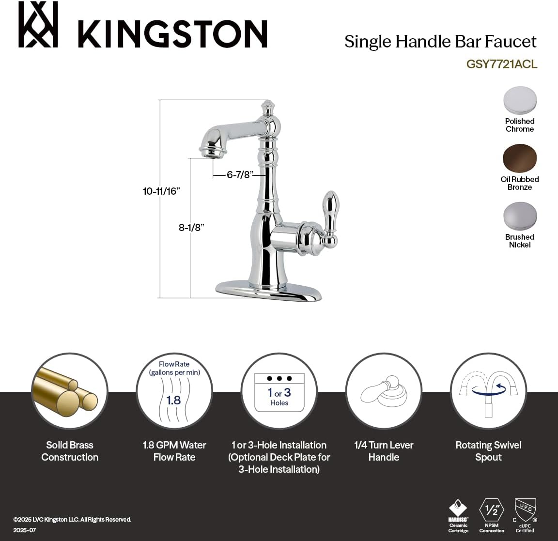 Kingston Brass GSY7721ACL American Classic Bar Faucet, Polished Chrome