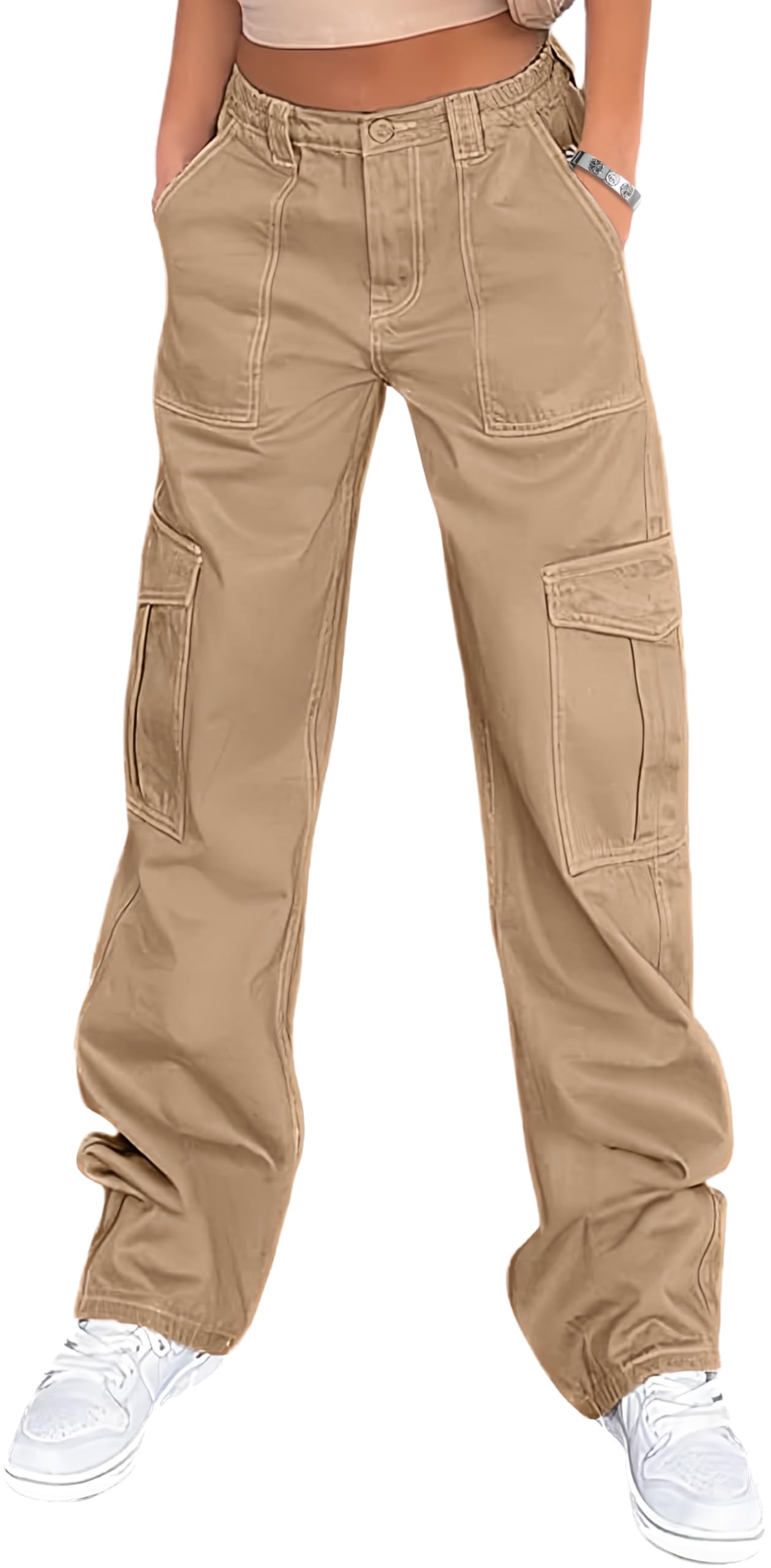 BUNSLOOM Cargohose Damen Hohe Taille 6 Taschen Baggy Weites Bein Stretch Y2K Streetwear Hosen