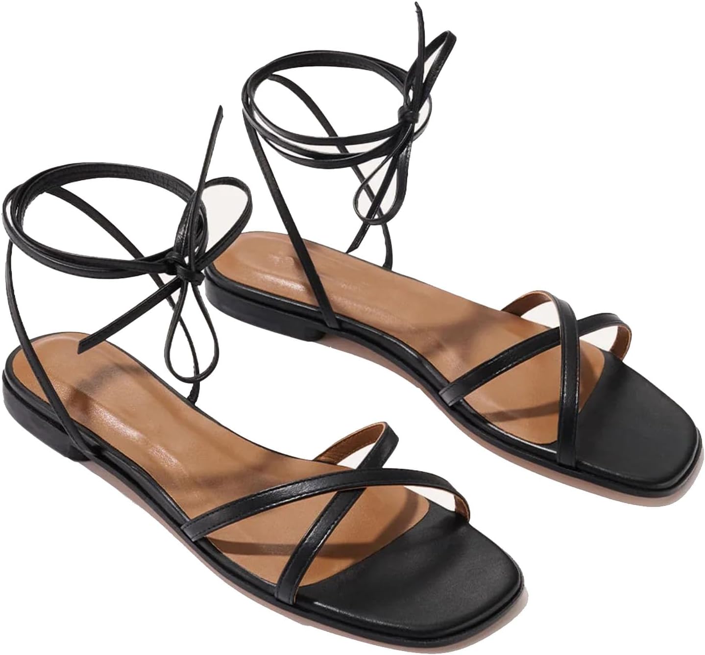 Strappy Flats Sandals for Women Summer Gladiator Lace Up Flat Sandals Open Square Toe Casual Beach Slides Sandals