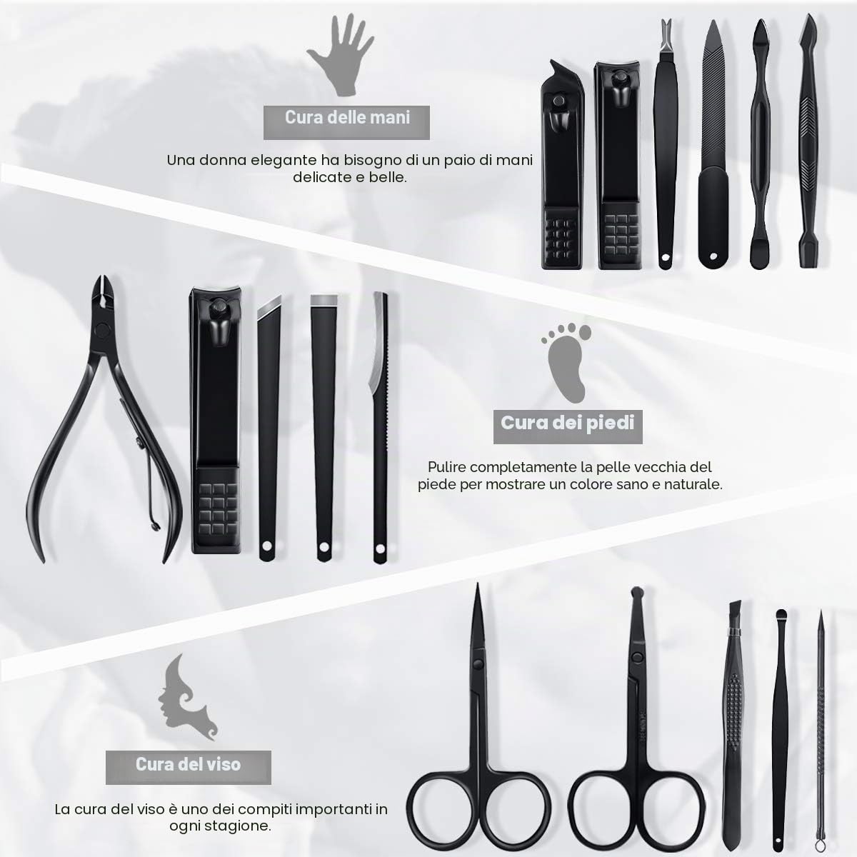 Tagliaunghie Set Professionale - Grooming Kit Strumenti per Manicure e Pedicure 16pcs con Lussuosa Custodia da Viaggio in Pelle (Nero)