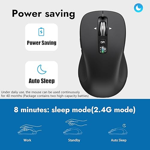 Vista 7 de Mouse inalámbrico Bluetooth (USB + BT1 + BT2), tamaño completo, desplazamiento de 4 vías, mouse silencioso multidispositivo para computadora, Negro