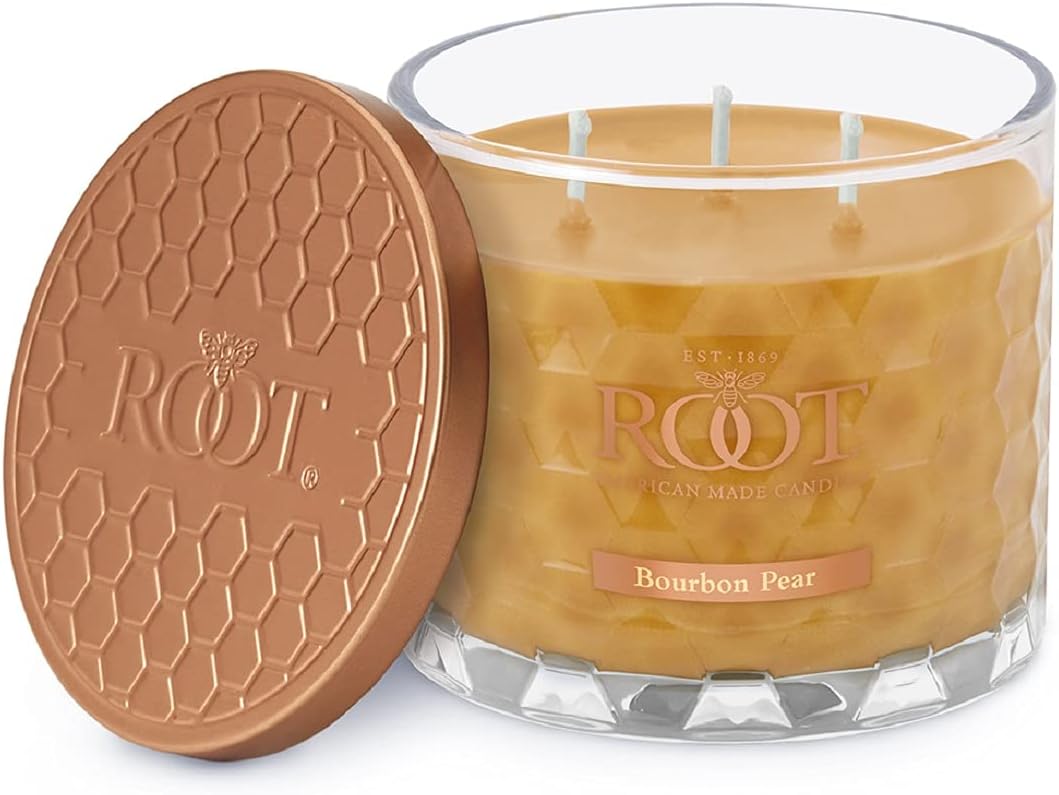 Root Candles Fall Scented Candles Honeycomb Glass Premium 3-Wick Handcrafted Beeswax Blend Candle, 12-Ounce, Bourbon Pear