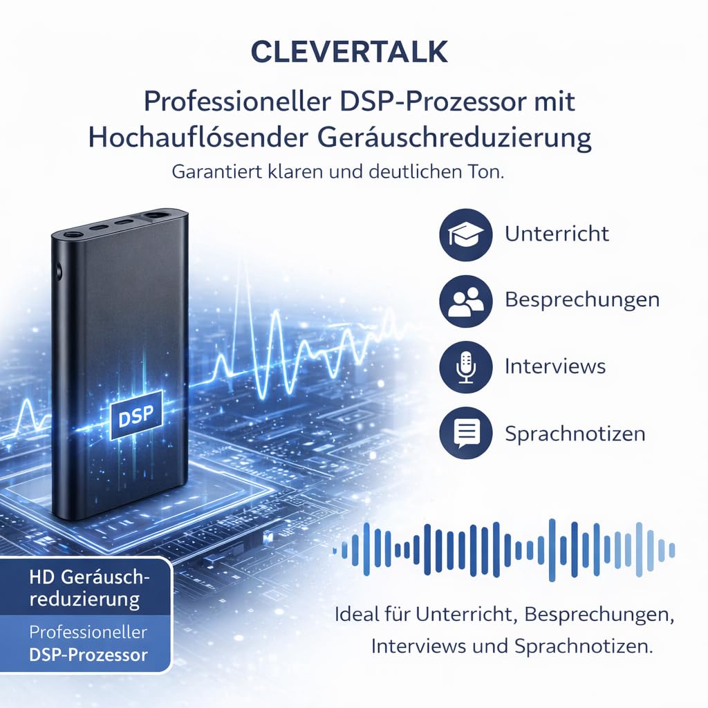 CleverTalk Q1 KI-Sprachrekorder | Sprachaktiviert | Mobile App, Mac, Windows und Web | Europäische Cloud DSGVO | 64GB | HD-Audio 1536kbps | USB-C
