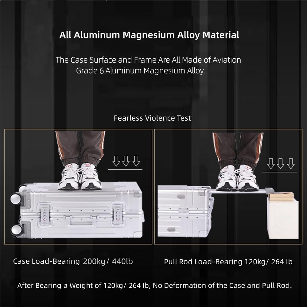 Aoun Hartschalen Koffer Handgepäck Aus All Aluminium, Ganzmetall Trolley Koffer Ohne Reißverschluss Mit Schloss, Reisekoffer Trolley Koffer Metalll Rollkoffer Für Reisen Business (Silber, 51CM-41L)