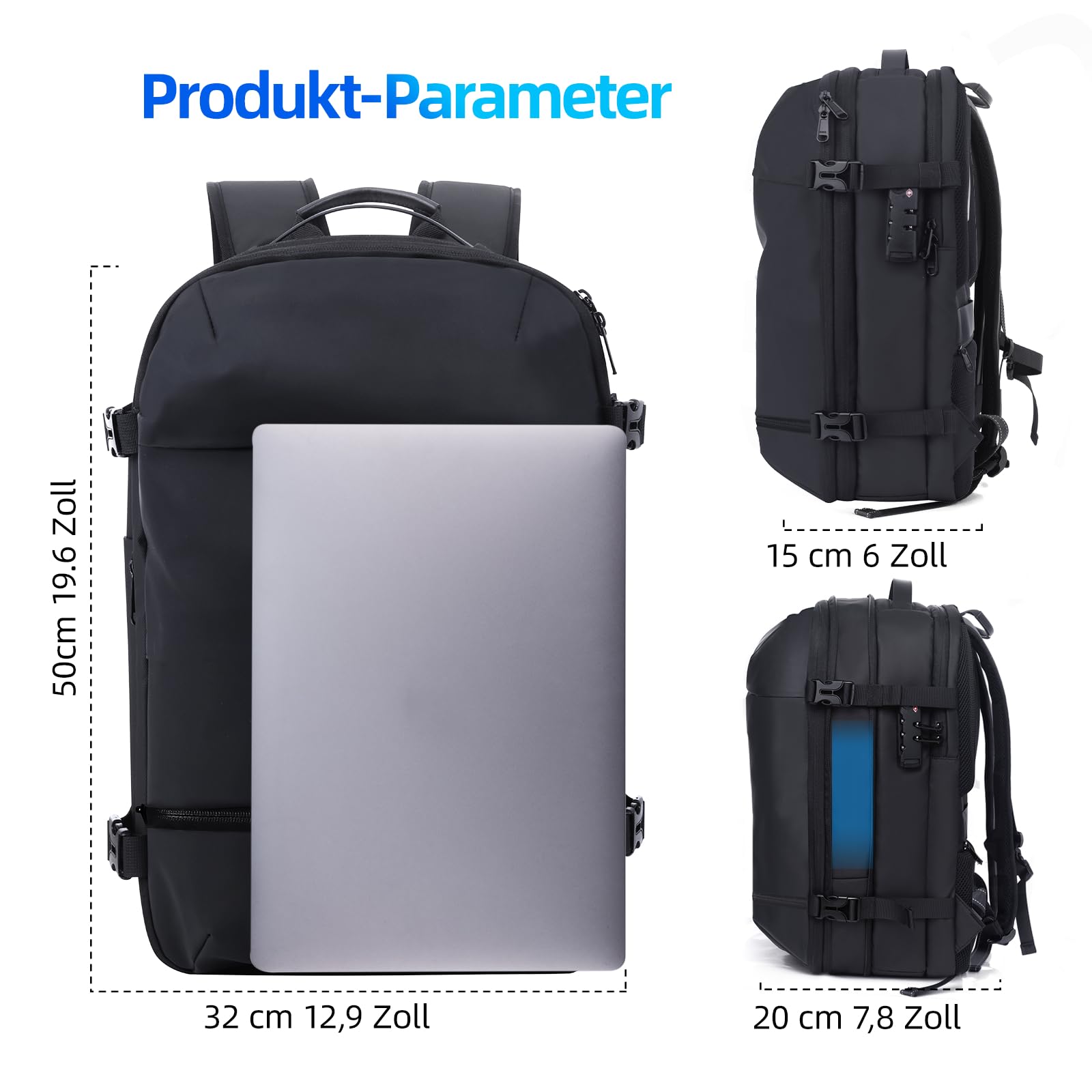 KINGSLONG Vakuum Rucksack Laptop Handgepäck: Herren Reiserucksack Flugzeug 17 Zoll PC Wasserdicht Backpack 60L Erweiterbarer Vakuum Tasche mit Pumpe und Sperre für Business Travel Männer