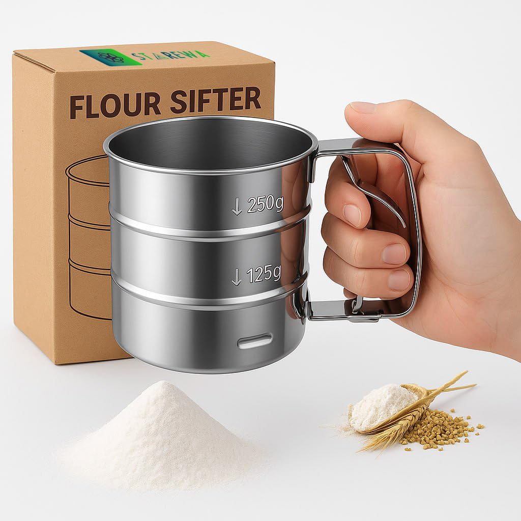 STAREWA Flour Sifter/Atta chhani Hand Press Design Stainless Steel Flour Sifter Corrosion Resistant Large Capacity Flour Sieve Cup for Sugar Flour and Coffee Powder | Atta Chalni 3