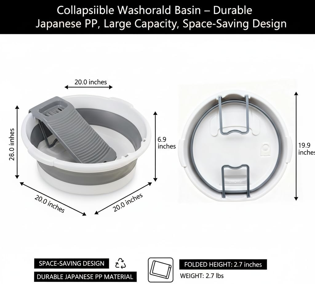 Washboard Basin for Hand Washing Clothes, Large Collapsible Wash Basin with Detachable Scrubber, Portable Laundry Tub for Underwear, Travel, Camping, RV & Small Space Living (Grayish-white)