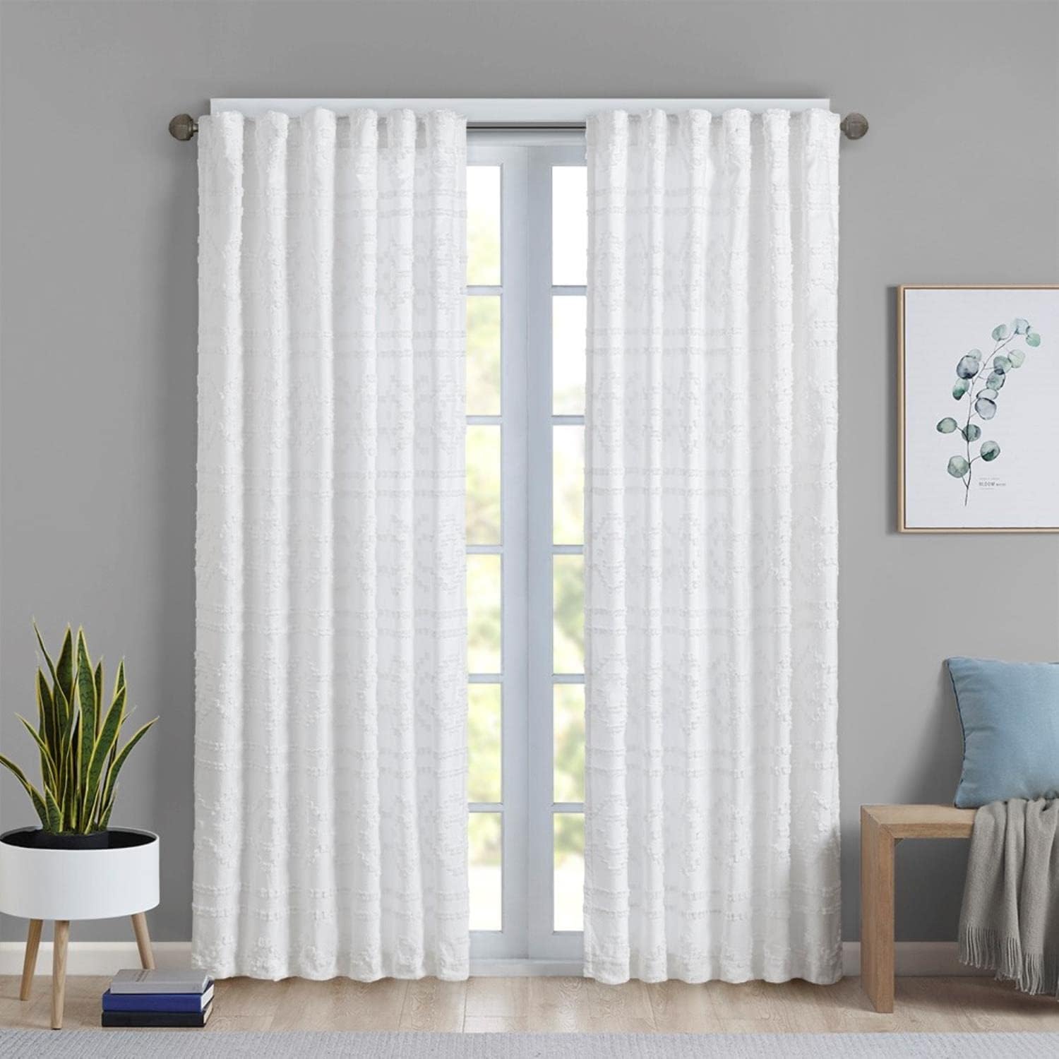 Intelligent Design Annie Room Darkening Window Curtain Panel Clipped Jacquard Seersucker Privacy Drape with Rod Pocket for Bedroom, Livingroom, 50" x 84", Off White