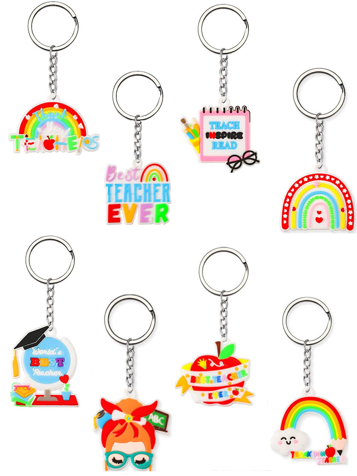 AUGSUN 48 PCS Teacher Keychain Bulk, Teacher Appreciation Gifts in Bulk Rainbow Keychain Thank You Keyring Gifts for Teachers Nurse Women, 8 Style