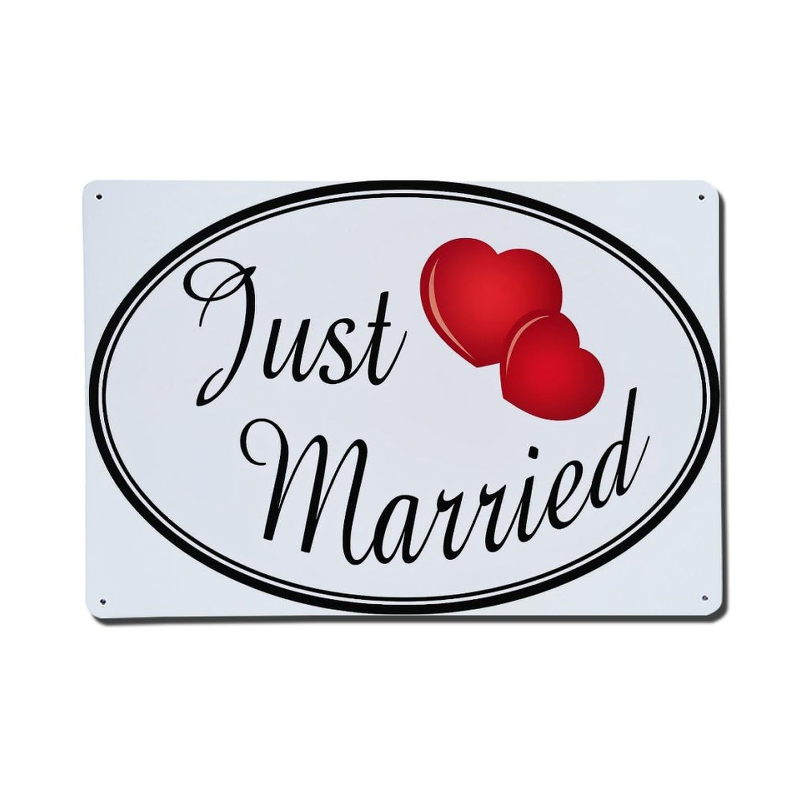 Just Married Hearts Oval Design Retro Metal Tin Sign, Vintage Decor Art Poster for Bar, Home, Man Cave, Kitchen, Laundry Room Gift 8x12Inch